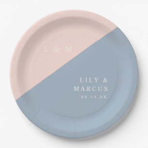 Blush Dusty Blue Modern Elegant Monogram Wedding Paper Plates