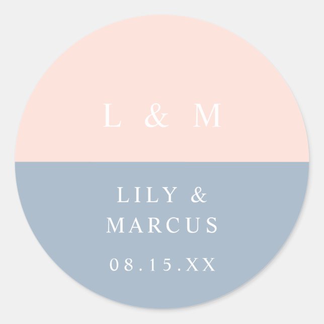 Blush Dusty Blue Monogram Minimalist Wedding Favor Classic Round Sticker (Front)