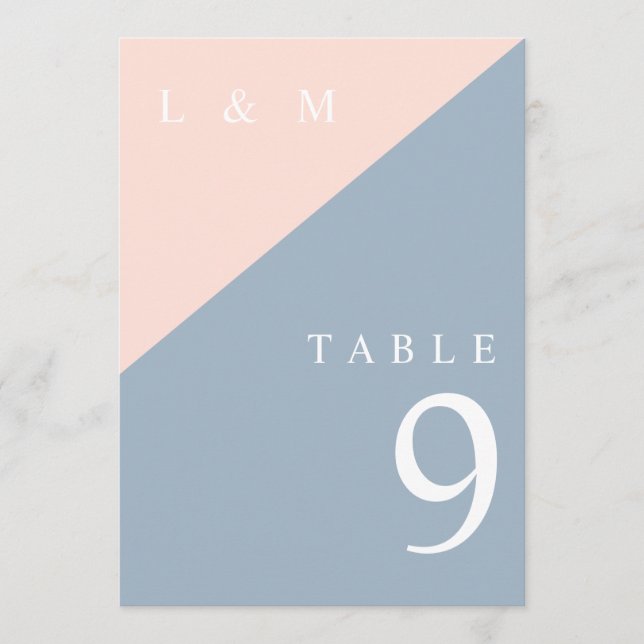 Blush Dusty Blue Monogram Wedding Table Number (Front)