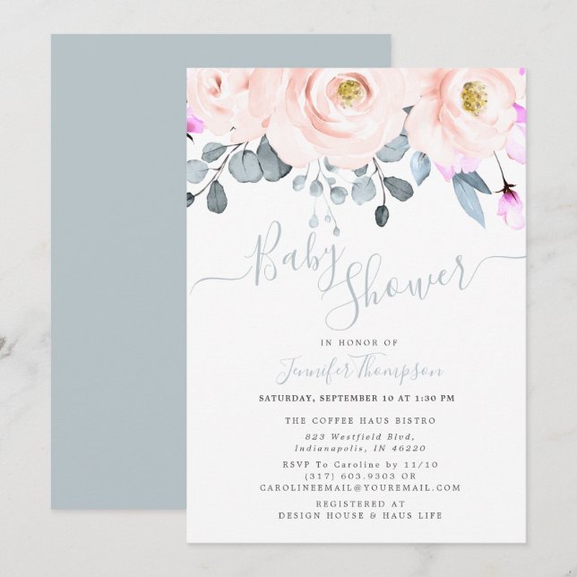 Blush & Dusty Blue Watercolor Floral Baby Shower Invitation (Front/Back)