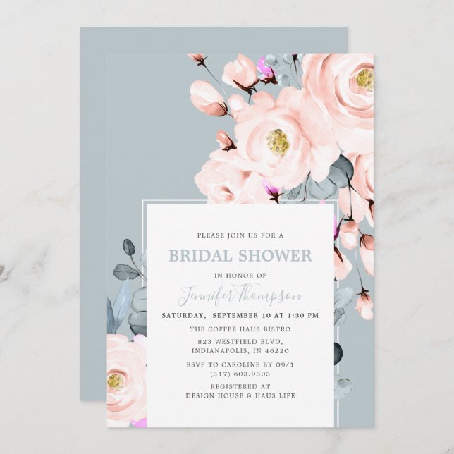 Blush & Dusty Blue Watercolor Floral Bridal Shower Invitation (Front/Back)
