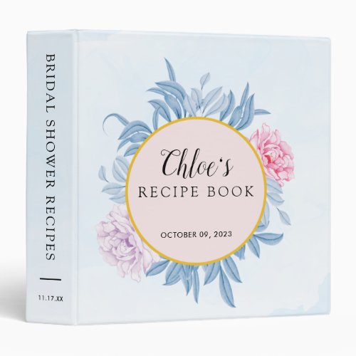 Blush Dusty Blue Watercolor Leaves Recipe Book 3 Ring Binder
