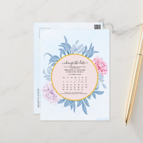 Blush Dusty Blue Watercolor Save The Date Postcard