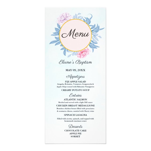 Blush Dusty Blue Watercolor Succulent Baptism Menu (Front)