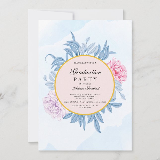 Blush Dusty Blue Watercolor Succulent ​Graduation Invitation (Front)