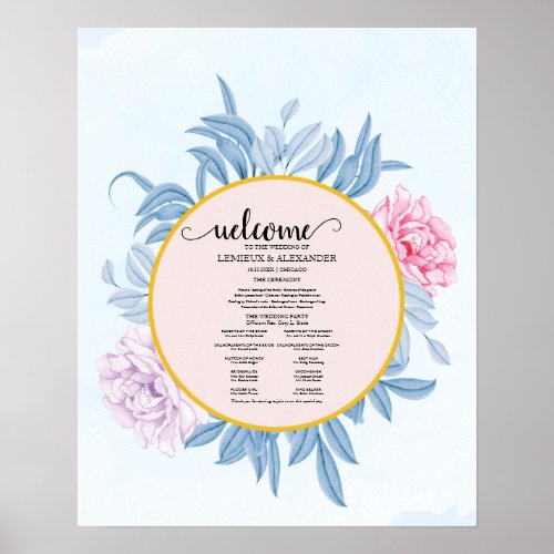 Blush Dusty Blue Watercolor Wedding Program Poster