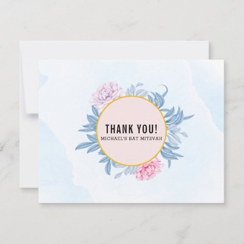 Blush Dusty Blue Watercolorbar Bat Mitzvah Thank You Card