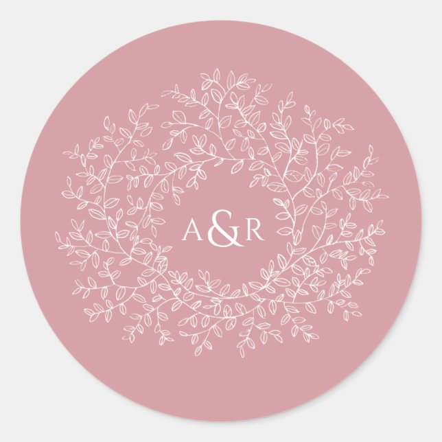 Blush dusty pink circle of leaves monogram wedding classic round sticker (Front)