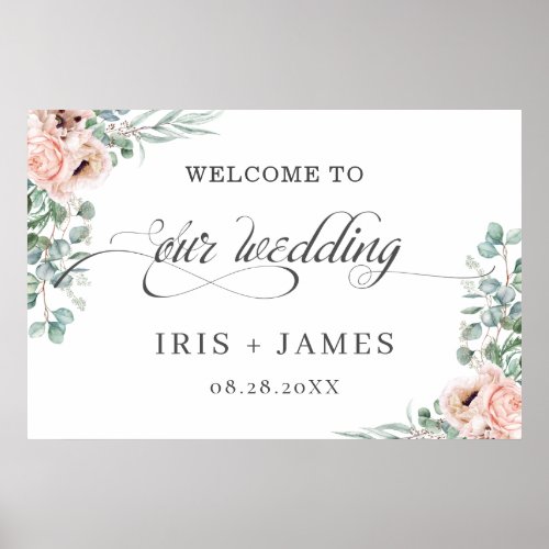Blush Dusty Pink Floral Eucalyptus Wedding Welcome Poster