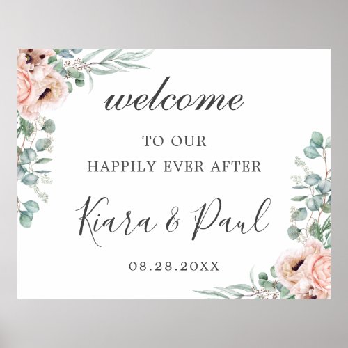 Blush Dusty Pink Floral Eucalyptus Wedding Welcome Poster