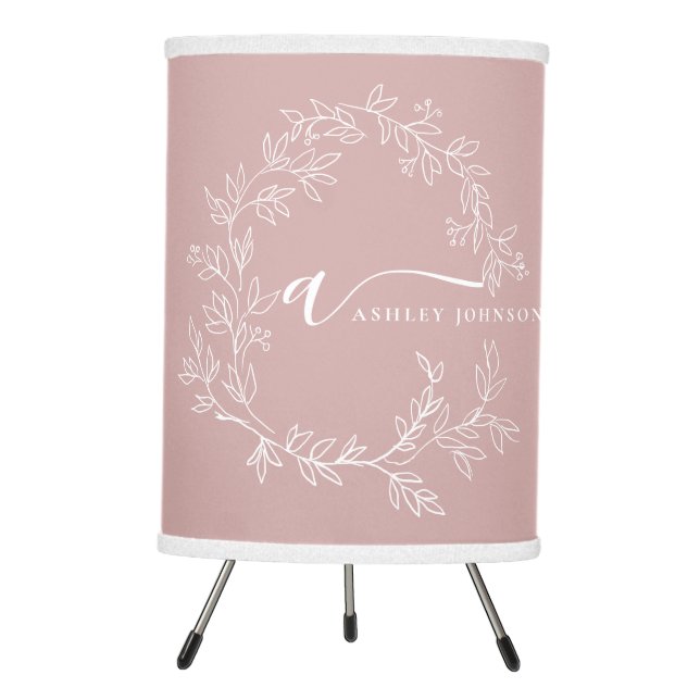 Blush Dusty Pink Girly Monogram Name Modern Tripod Lamp (Front)