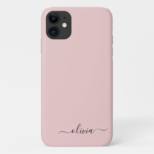 Blush Dusty Pink Girly Script Monogram Name Modern iPhone 11 Case