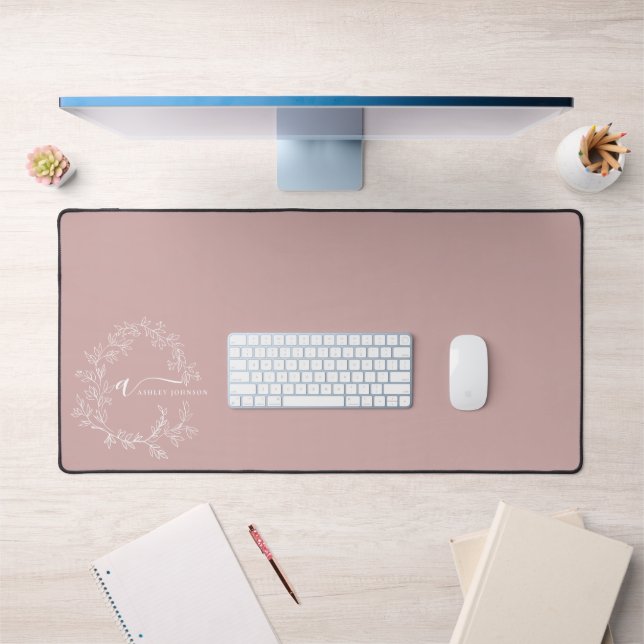 Blush Dusty Pink Girly Script Monogram Name Modern Desk Mat (Office 1)