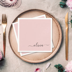 Blush Dusty Pink Girly Script Monogram Name Modern Napkins