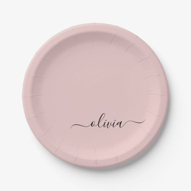 Blush Dusty Pink Girly Script Monogram Name Modern Paper Plates (Front)