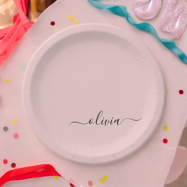 Blush Dusty Pink Girly Script Monogram Name Modern Paper Plates (Creator Uploaded)