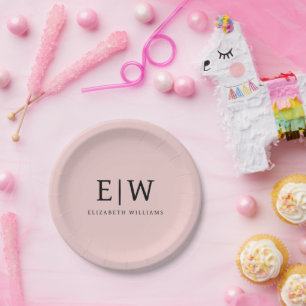 Blush Dusty Pink Girly Script Monogram Name Modern Paper Plates