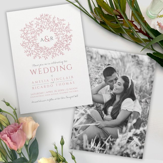 Blush dusty pink hand drawn circle of leaves photo invitation (Creator Uploaded)