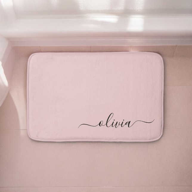 Blush Dusty Pink Modern Script Girly Monogram Name Bath Mat (Creator Uploaded)