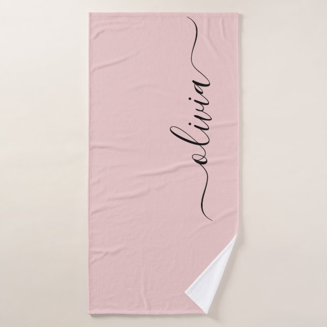 Blush Dusty Pink Modern Script Girly Monogram Name Bath Towel (Bath Towel)