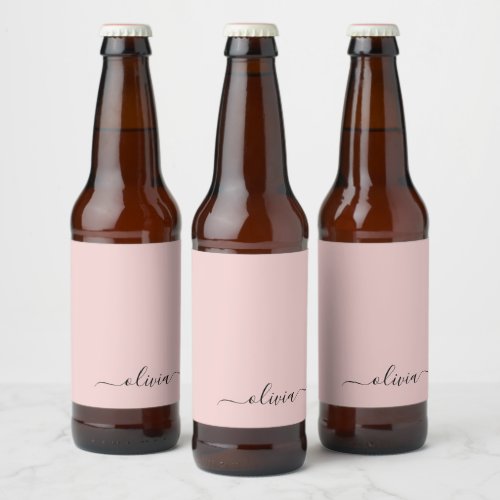 Blush Dusty Pink Modern Script Girly Monogram Name Beer Bottle Label