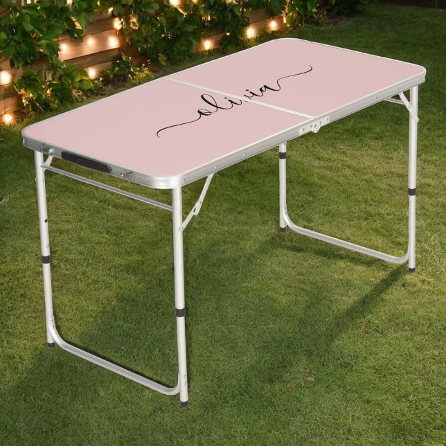 Blush Dusty Pink Modern Script Girly Monogram Name Beer Pong Table (Creator Uploaded)