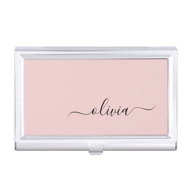 Blush Dusty Pink Modern Script Girly Monogram Name Business Card Case (Front)