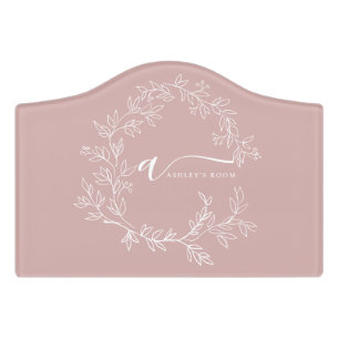 Blush Dusty Pink Modern Script Girly Monogram Name Door Sign