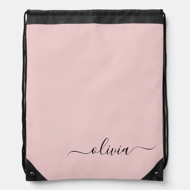 Blush Dusty Pink Modern Script Girly Monogram Name Drawstring Bag (Front)