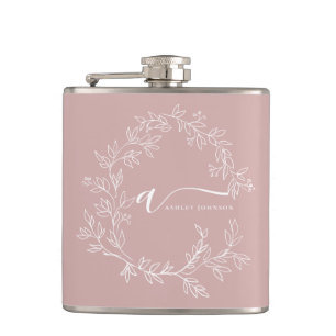 Blush Dusty Pink Modern Script Girly Monogram Name Flask