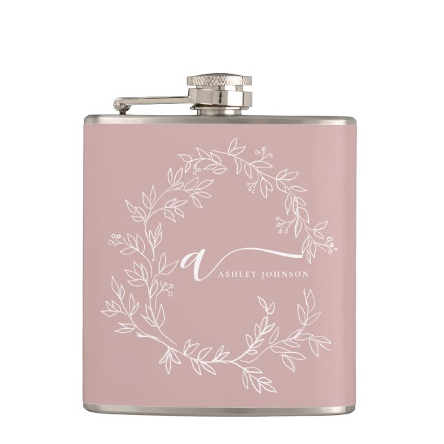 Blush Dusty Pink Modern Script Girly Monogram Name Flask (Front)