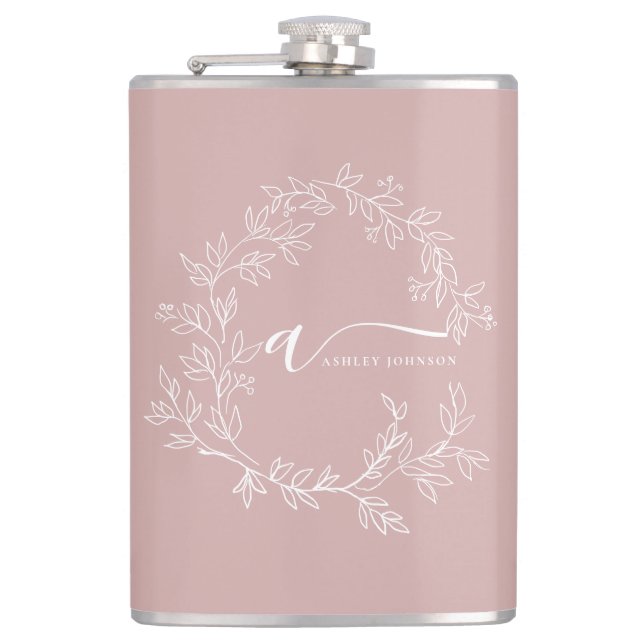 Blush Dusty Pink Modern Script Girly Monogram Name Flask (Front)