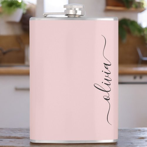 Blush Dusty Pink Modern Script Girly Monogram Name Flask