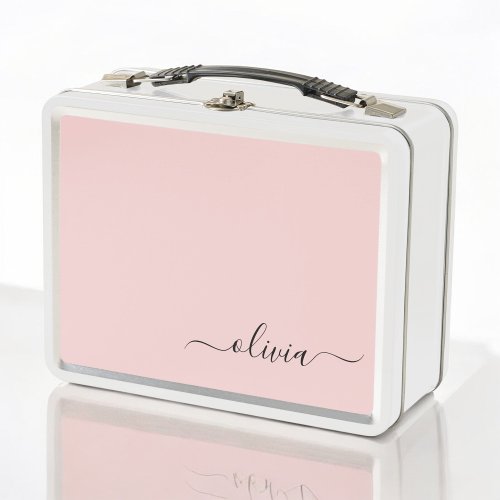 Blush Dusty Pink Modern Script Girly Monogram Name Metal Lunch Box