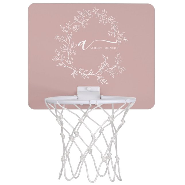 Blush Dusty Pink Modern Script Girly Monogram Name Mini Basketball Hoop (Front)