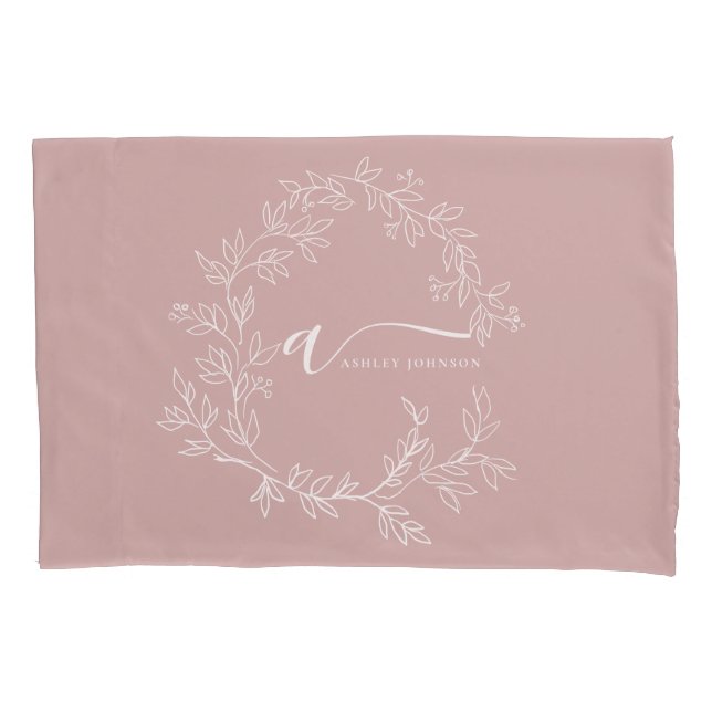 Blush Dusty Pink Modern Script Girly Monogram Name Pillow Case (Front)