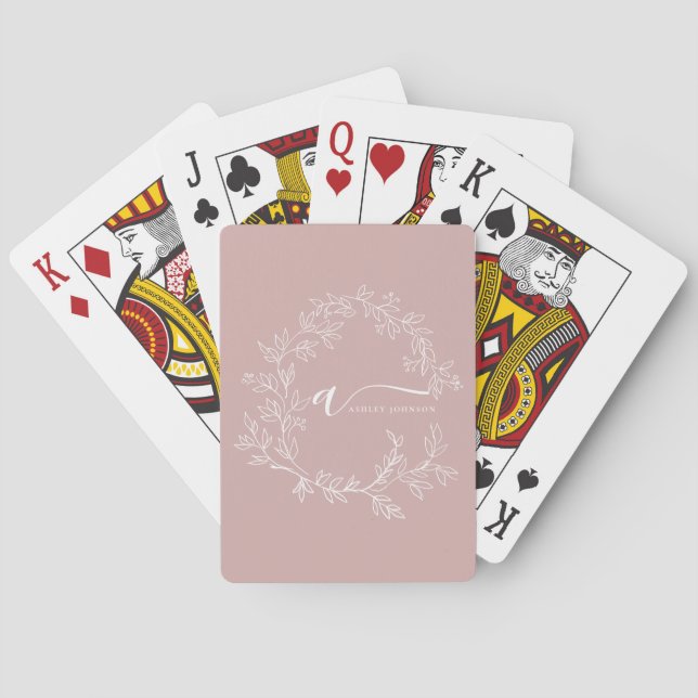 Blush Dusty Pink Modern Script Girly Monogram Name Poker Cards (Back)