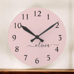 Blush Dusty Pink Modern Script Girly Monogram Name Round Clock<br><div class="desc">Blush Dusty Pink Simple Script Monogram Name Clock. This makes the perfect sweet 16 birthday,  wedding,  bridal shower,  anniversary,  baby shower or bachelorette party gift for someone that loves glam luxury and chic styles.</div>