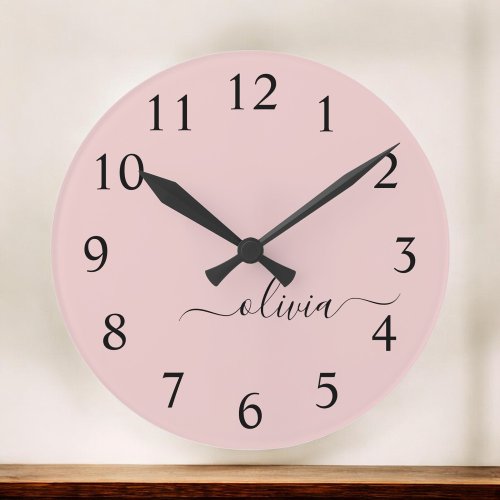 Blush Dusty Pink Modern Script Girly Monogram Name Round Clock