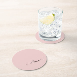 Blush Dusty Pink Modern Script Girly Monogram Name Round Paper Coaster