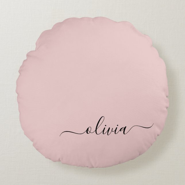 Blush Dusty Pink Modern Script Girly Monogram Name Round Pillow (Front)