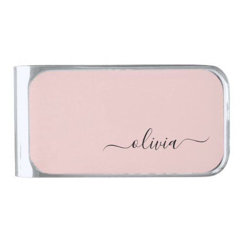 Blush Dusty Pink Modern Script Girly Monogram Name Silver Finish Money Clip