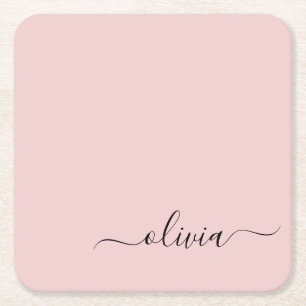 Blush Dusty Pink Modern Script Girly Monogram Name Square Paper Coaster