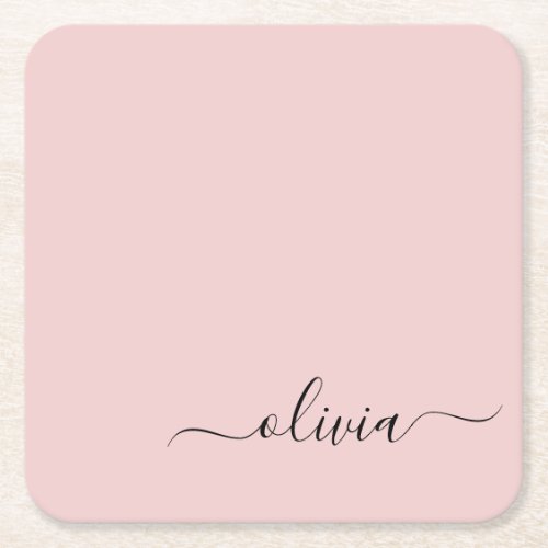 Blush Dusty Pink Modern Script Girly Monogram Name Square Paper Coaster