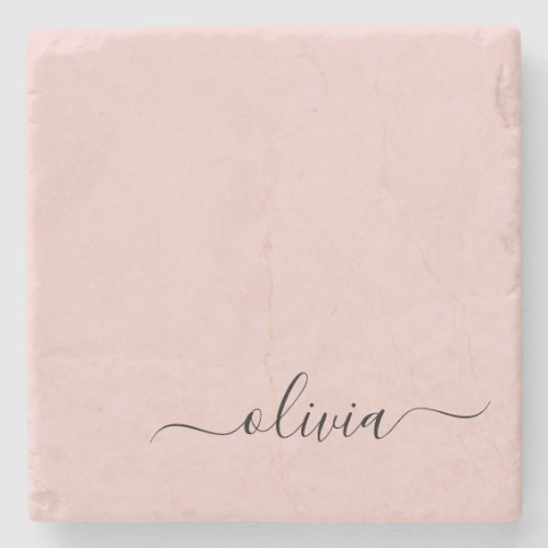 Blush Dusty Pink Modern Script Girly Monogram Name Stone Coaster