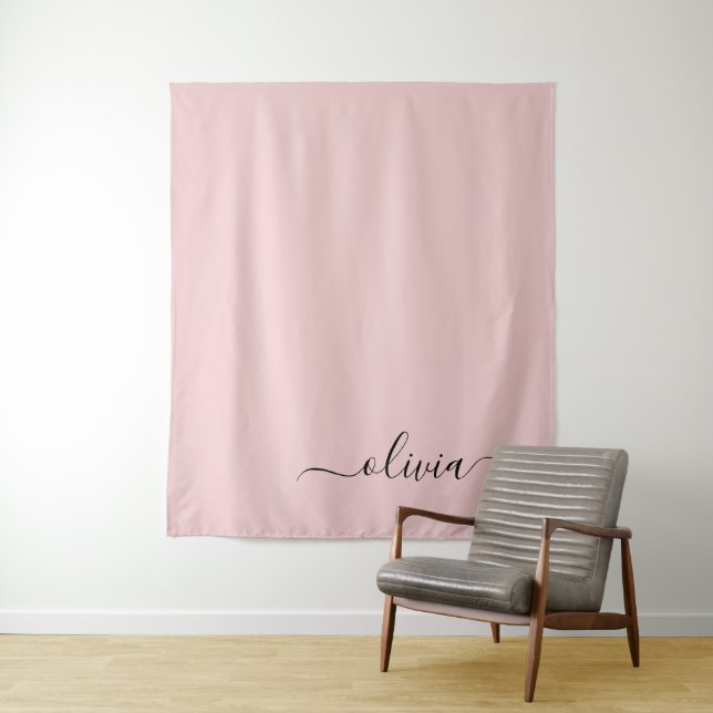 Blush Dusty Pink Modern Script Girly Monogram Name Tapestry (In Situ)