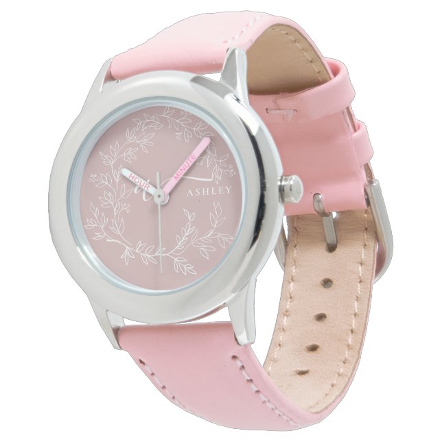Blush Dusty Pink Modern Script Girly Monogram Name Watch (Angled)