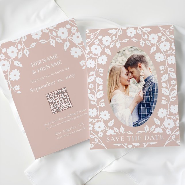 Blush Dusty Pink Photo QR Code Website Folk Floral Save The Date (Creator Uploaded)