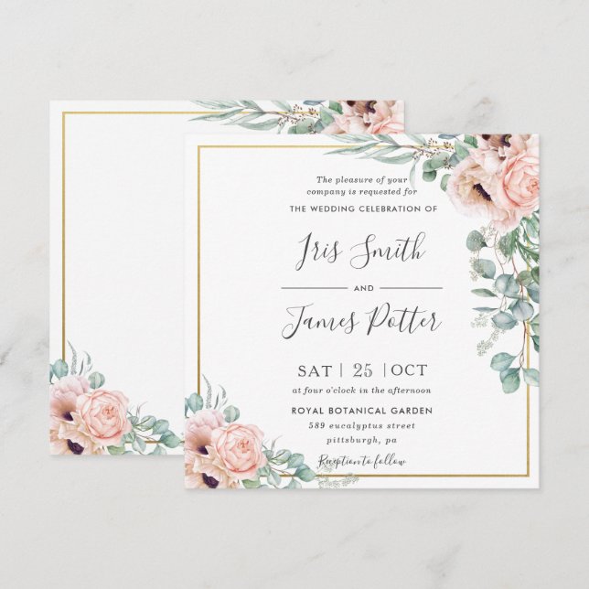 Blush Dusty Pink Poppy Floral Greenery Wedding Invitation (Front/Back)