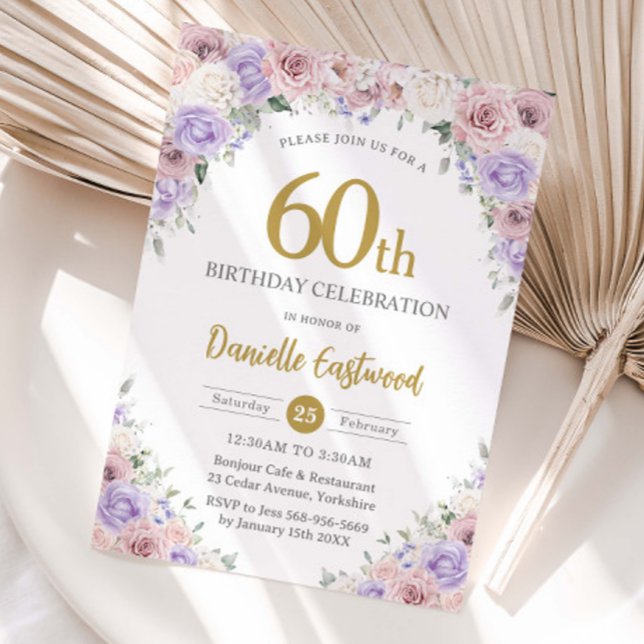 Blush Dusty Pink Purple Floral 50th 60th  Birthday Invitation (Creator Uploaded)